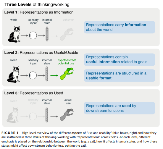 Figure from 'Use and Usability': three levels of thinking about neural representation — as carrying information (Level 1), as usable (Level 2), and as actually used (Level 3).
